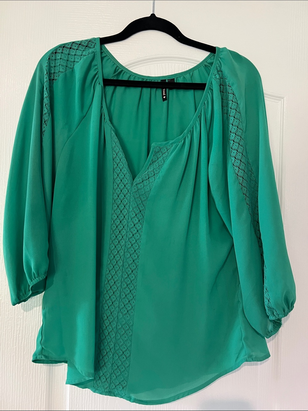 HeartSoul Teal Lace-Panel Peasant Blouse